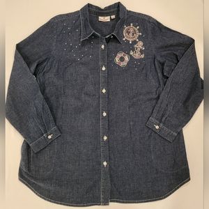Quacker Factory Denim Button Up Nautical Cruise Shirt Anchors XL